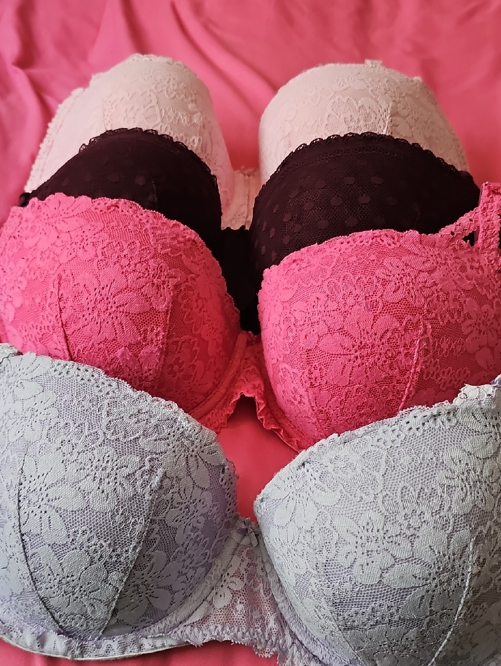 PINK Victoria's Secret Lace Push-Up Bra Set — Hot Pink, Black, Cream, Lavender